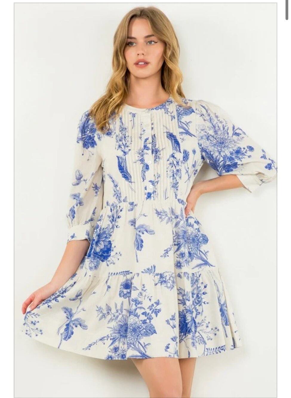 THML Fine China Dress Blue White Print Tiered Balloon Sleeve Women's Medium